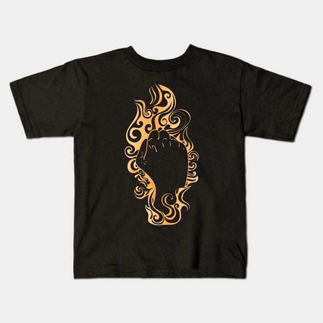 Raised fist in golden fire Kids T-Shirt by AnnArtshock